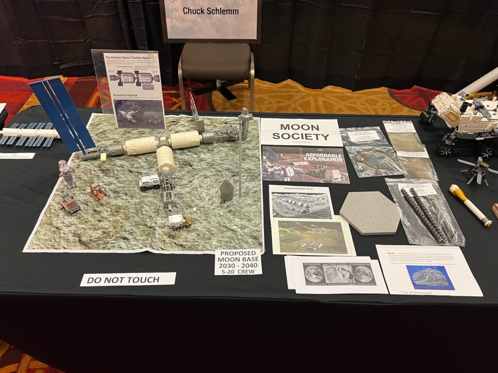 Proposed moon base and products made from lunar simulant material.